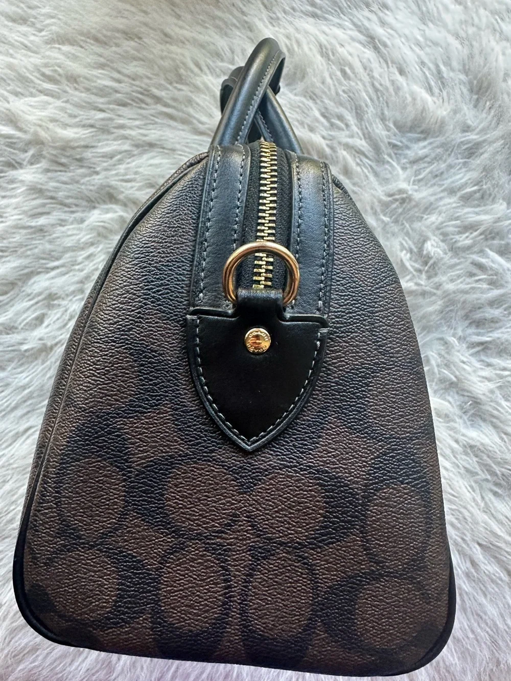 Coach signature Rowan Black Brown Mini Satchel with Gold Logo missing strap